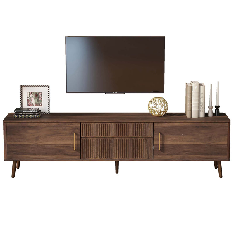 Meuble télé Mid-Century avec 2 tiroirs, console multimédia pour téléviseur de 80 po ou moins, centre de divertissement avec rangement