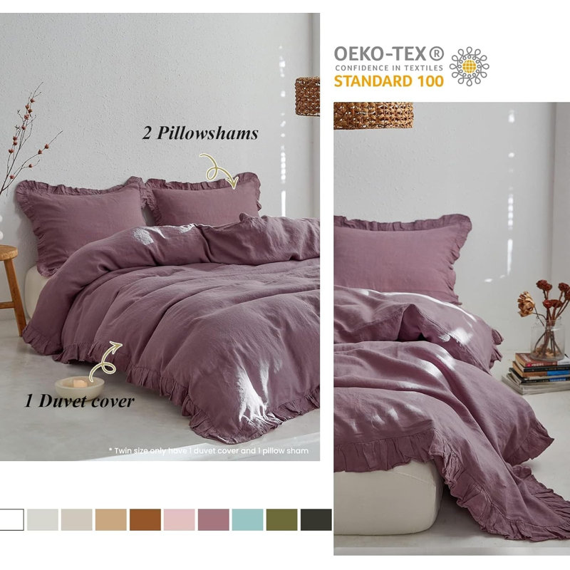 Ensemble de housse de couette 100% lin, Housse de couette pour très grand lit + 2 taies d, Mauve
