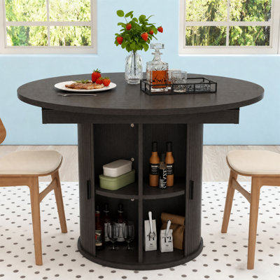 43.3''-63'' Extendable Round Dining Table For 4-6, Modern Farmhouse Expandable Dining Table With Wood Strip Base For Kitchen Living Room