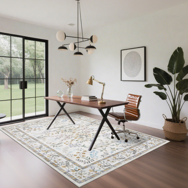 Modern Floral Machine Washable Rug for Living Room, Farmhouse Flower Soft Non Shedding Floor Covering with Non Slip TPR Backing, Indoor Foldable Low Pile Thin Mat
