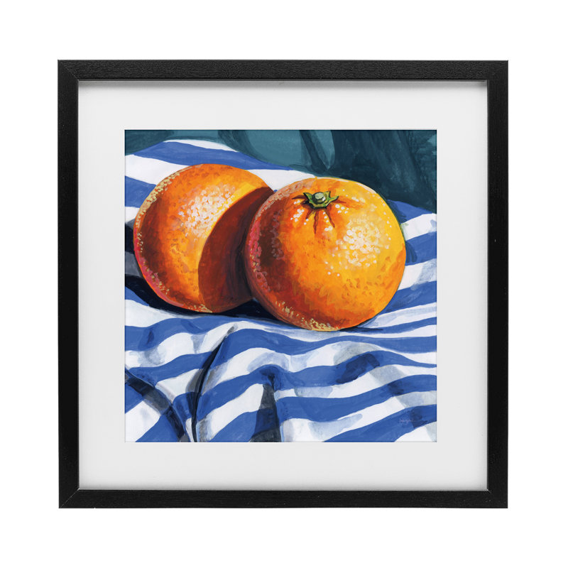 Oranges sur toile rayée, reproduction sous verre, design par Kate Jarvik Birch, H 13 po x l 13 po, Cadre noir minuit