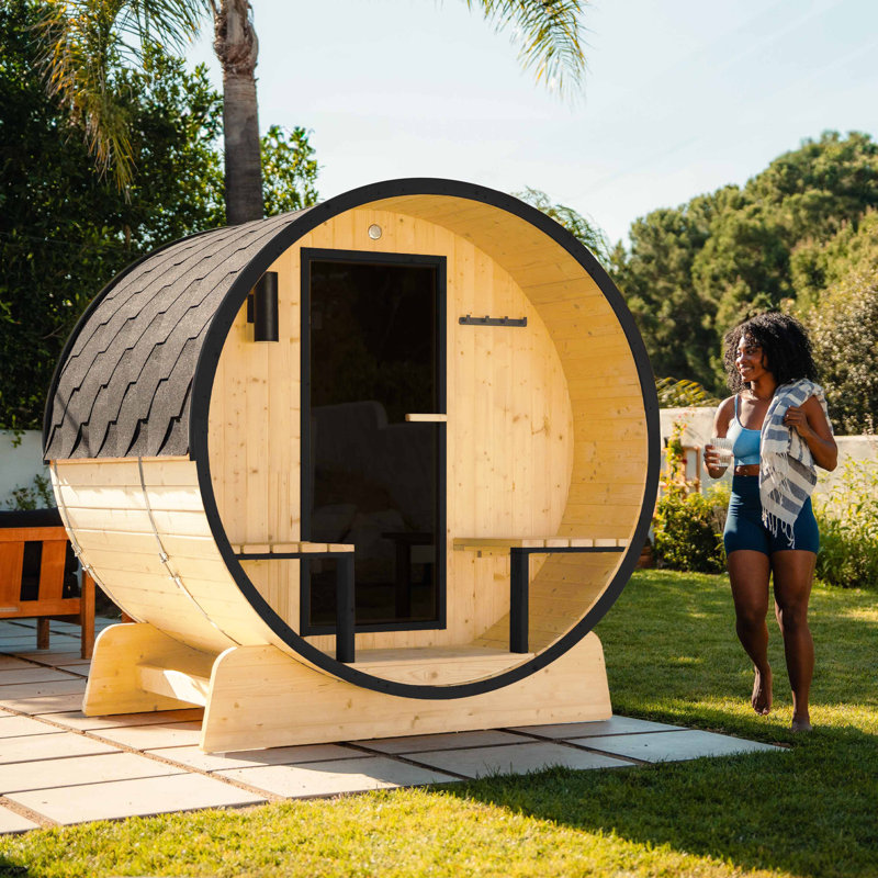 Aleko Outdoor White Finland Pine Traditional Barrel Sauna with Black Accents & Front Porch Canopy - 2-4 Person Capacity