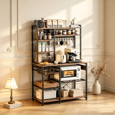 71” Kitchen Microwave Stand with ETL Certified Power Outlet, Adjustable Shelves, Triple Anti-Tip Stable Structure and Multi-Functional Storage Design