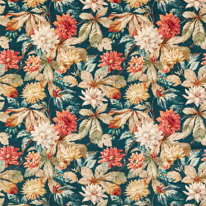 Dahlia & Rosehip Velvet Fabric, Teal/Russet