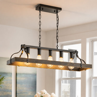 Luminaire suspendu 5 lumières noir mat de style campagnard, îlot de cuisine industriel avec chaînes de suspension réglables