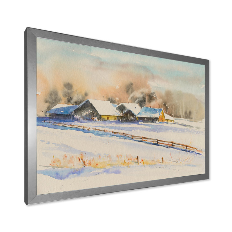 Petit village au coucher du soleil recouvert de neige - peinture sur toile, H 12 po x l 20 po x p 1 po, Encadrement argenté