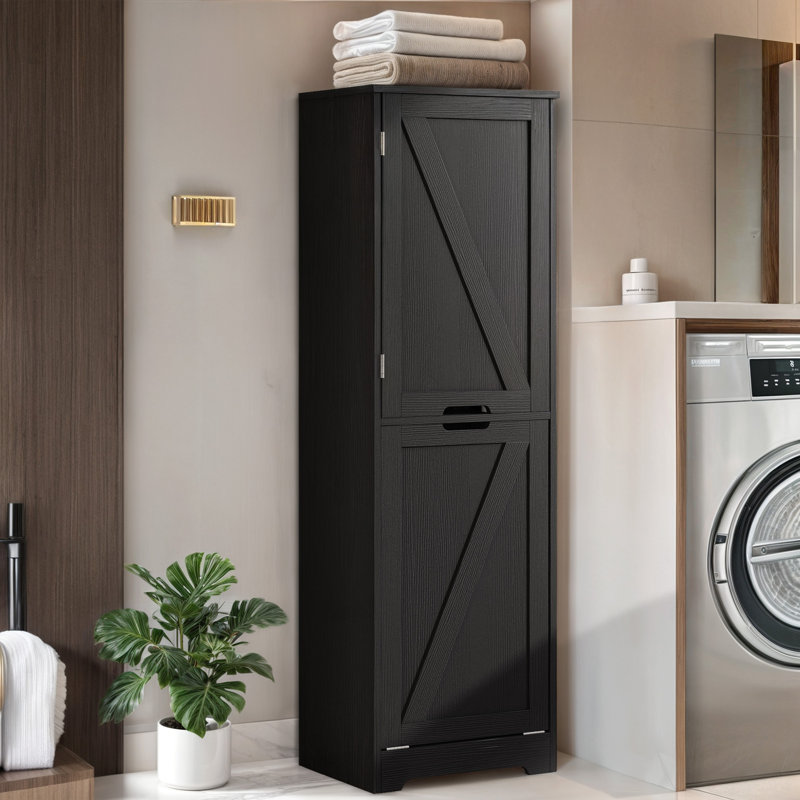Linen Cabinet with Adjustable Shelves and Tilt-Out Laundry Hamper, Black