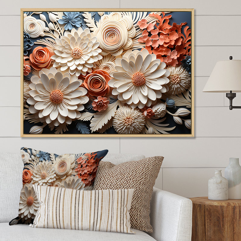 Pêche et corail blanc I - art botanique abstrait, H 12 po x l 20 po x P 1 po, Cadre flottant blanc