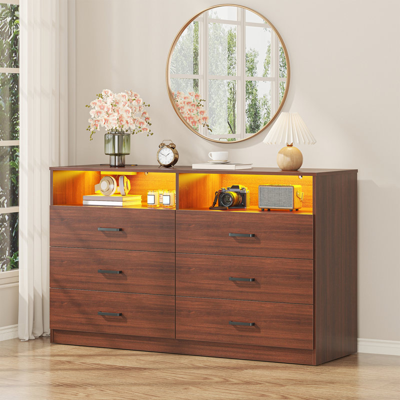6 Drawer Dresser with Power Outlet, Dresser with LED Light, Modern Chest of Drawers with Open Storage Cubbies for Closet, Double Wide Drawer Organizer Cabinet for Bedroom, Living Room