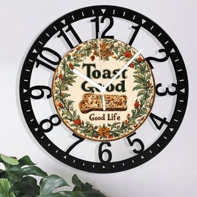 Horloge murale en métal pour le salon -10 po Toast Good Slice dans un cadre floral silencieux, sans pile, à piles, horloges antiques pour maison de campagne, chambre à coucher, cuisine - chiffres arabes