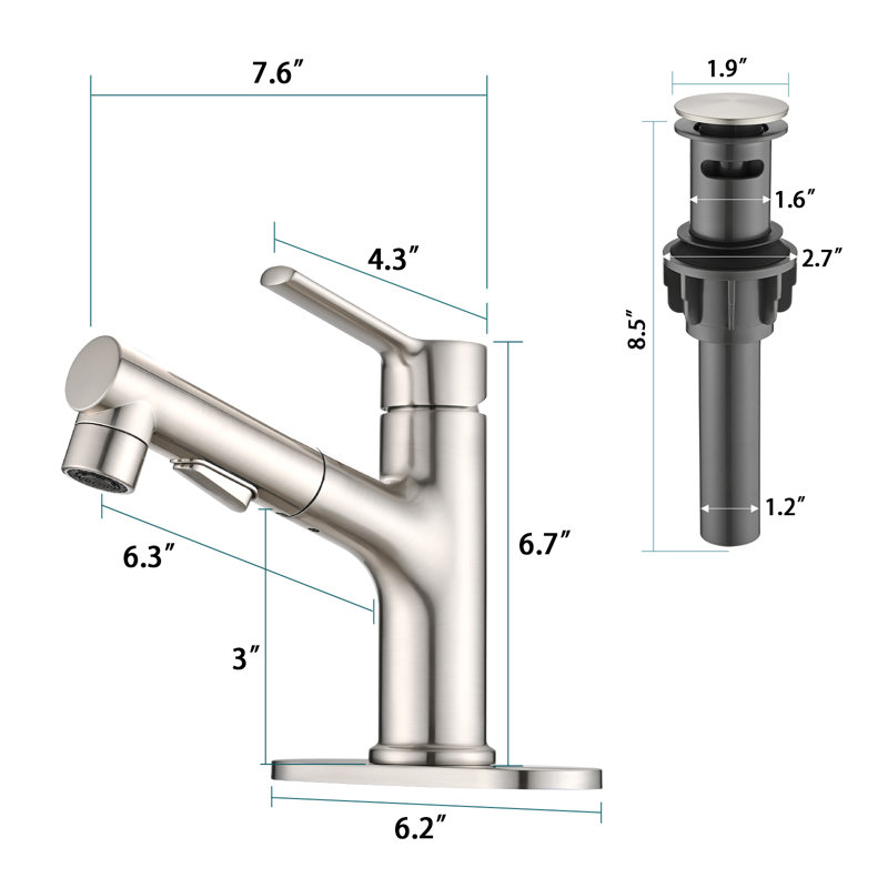 Pull Out Single Hole Bathroom Sink Faucet With Metal Pop Up Drain, Brushed Nickel