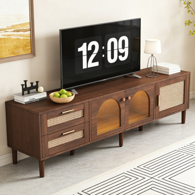 Meuble télé 80 po à DEL en rotin tissé, console multimédia avec 3 armoires et 2 tiroirs, centre de divertissement pour le salon et le cinéma maison