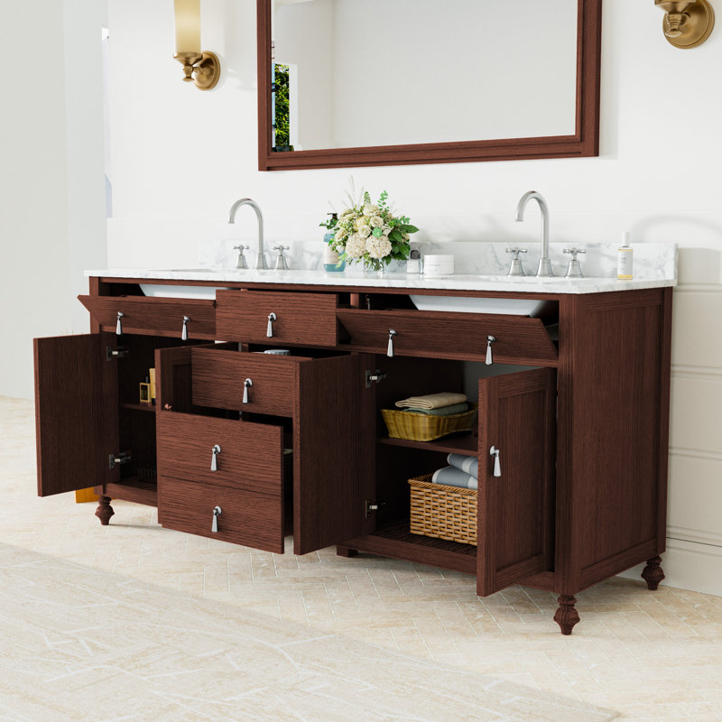 Meuble-lavabo double 72 po avec 5 tiroirs et 2 portes, Blanc, Brun-rouge