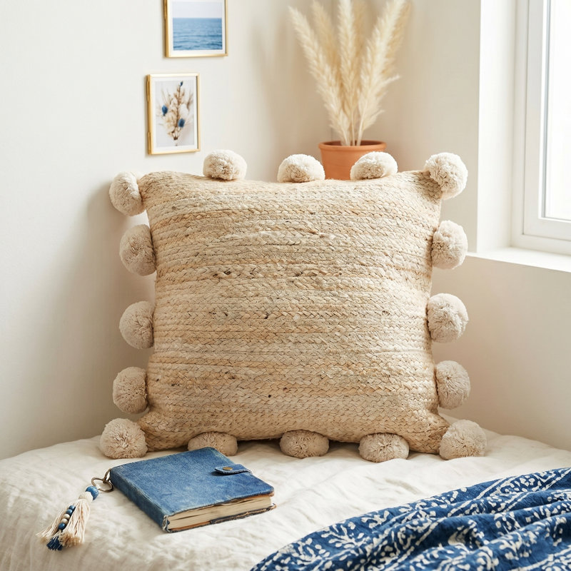 Pom Pom Jute Solid Color Square Throw Pillow Cover, Polyester