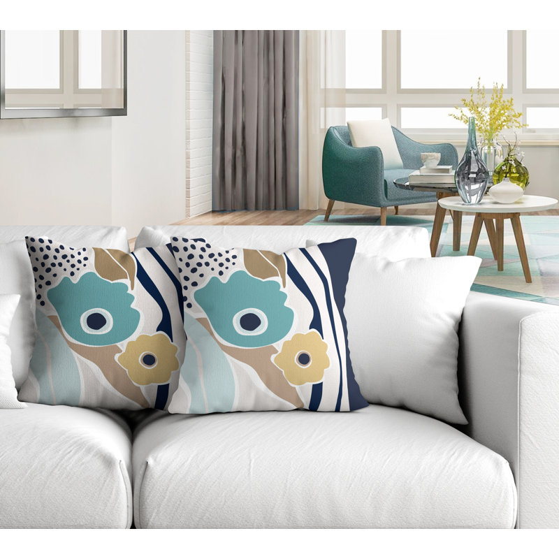 Jeté carré en polyester / mélange de polyester intérieur / extérieur, L 15 po x H 15 po, Turquoise / bleu marine / beige
