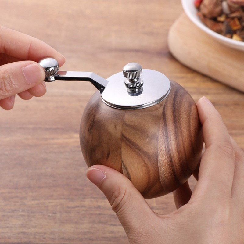 Manivelle ronde à sel et à poivre manuelle en acier inoxydable rechargeable en bois avec noyau de broyage en céramique à grosseur réglable