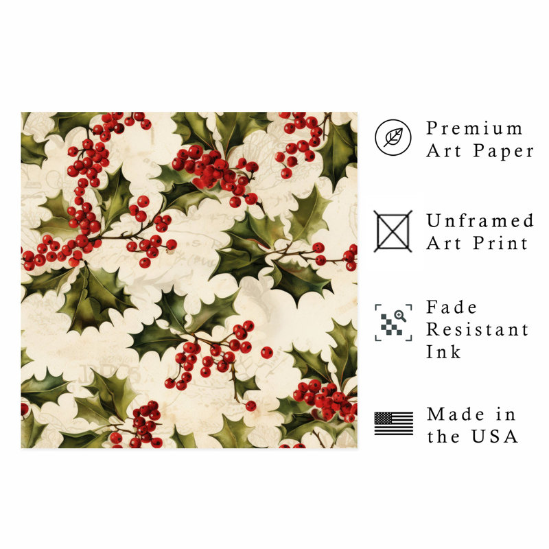 Botanical Christmas Pattern Classical Unframed Art Print, 10" H x 10" W