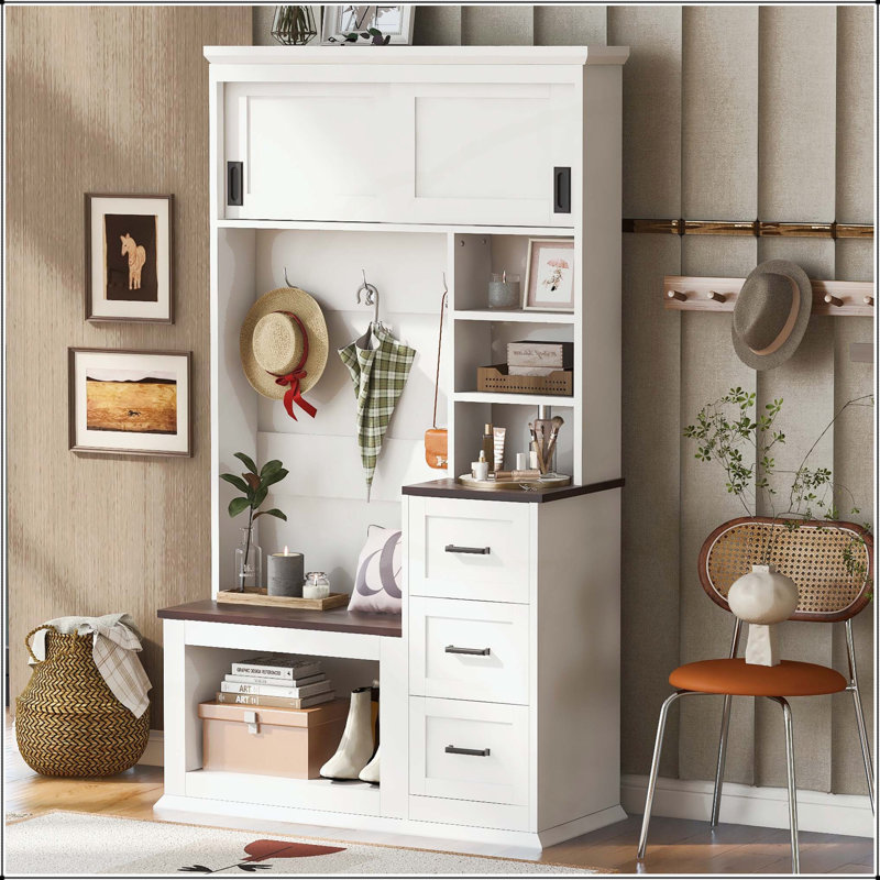 Modern Entryway Hall Tree with 3 Shelves, Drawers, and Coat Rack