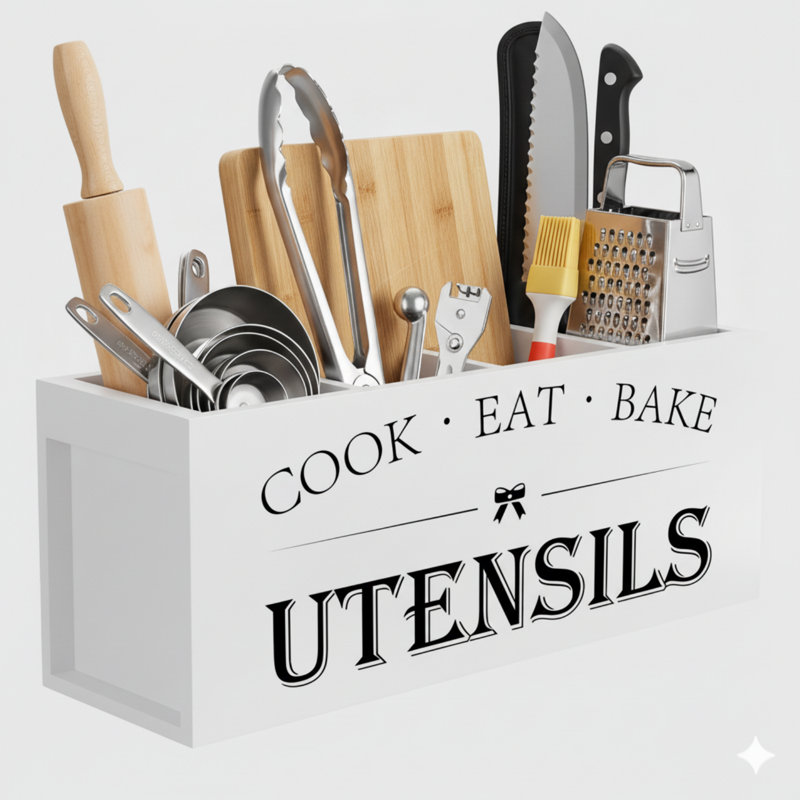 Très grand porte-ustensiles de cuisine avec 4 compartiments, organisateur d'ustensiles en bois pour comptoir de cuisine, décor de ferme, ustensile de cuisine rustique - grain blanc