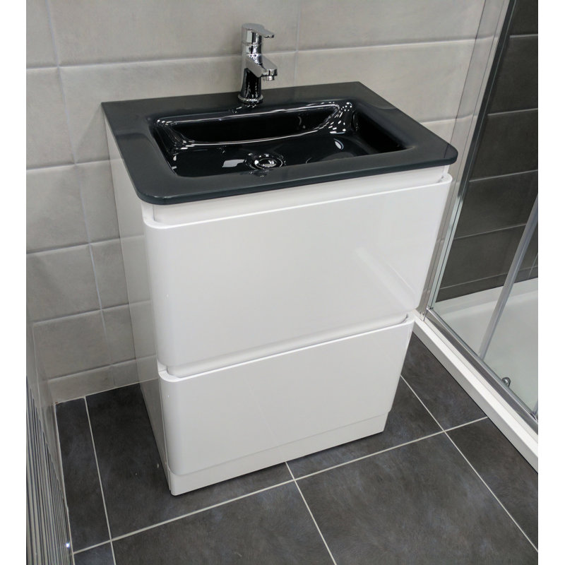 Bridge 595mm Single Bathroom Vanity with Integrated Glass Basin, Grey, White