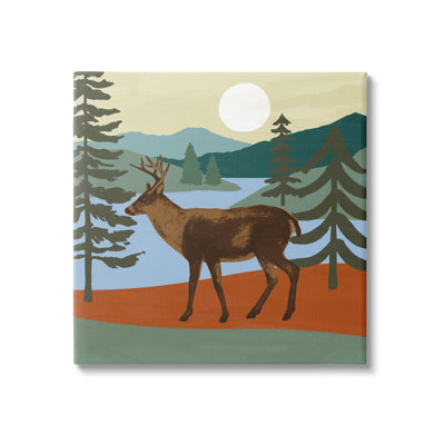 «Lakeside Mountain Peaks Forest Deer Walking» par Victoria Barnes - Peinture