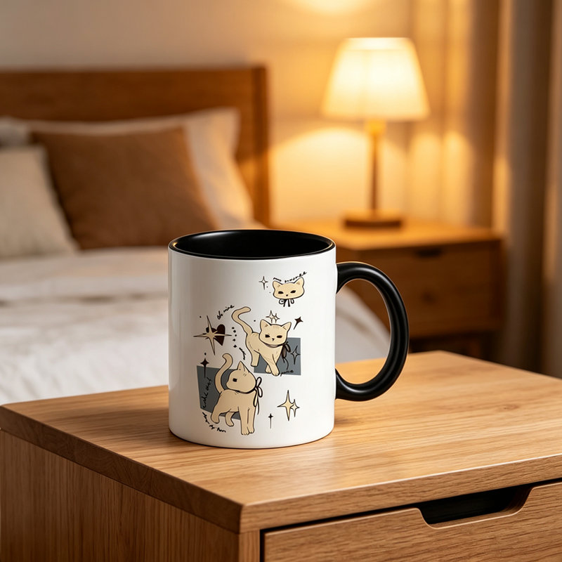 Cute Hand-Drawn Kitten Mug with Bow Tie Ceramic Coffee & Tea Cup Suitable for Cat Lovers.