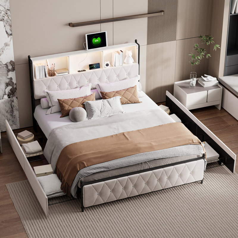 Dekker Velvet Upholstered Bed Frame with Storage Headboard, USB & USB-C Charging Ports, LED Lighting and 4 Underbed Drawers