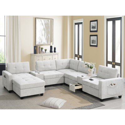 Chenille Sectional Couch With Extra Storage, Wireless Charging, , Home Furnishing 104'' Living Room , Fabric, Acrylic Table Top, Modern Style
