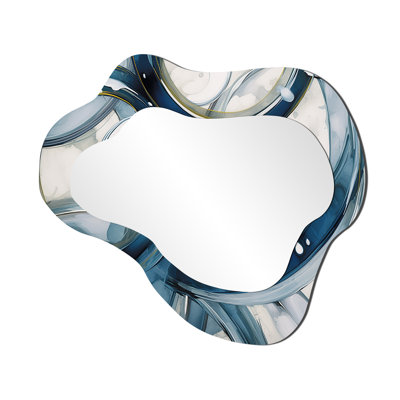 Blue Circle Whirls - Spiral Asymmetrical Unique Wall Mirror, Modern Cloud Mirror, Printed Metal Art