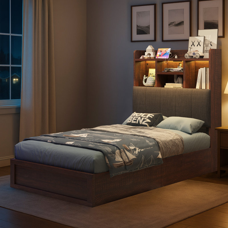  Farmhouse King Bed Frame With LED Storage Bookcase Headboard & Charging Station, Rustic Brown, Rustic Brown, King