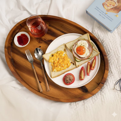 16.5''W Large Oval Serving Tray With Handles - Solid Acacia Wood Ottoman Tray 