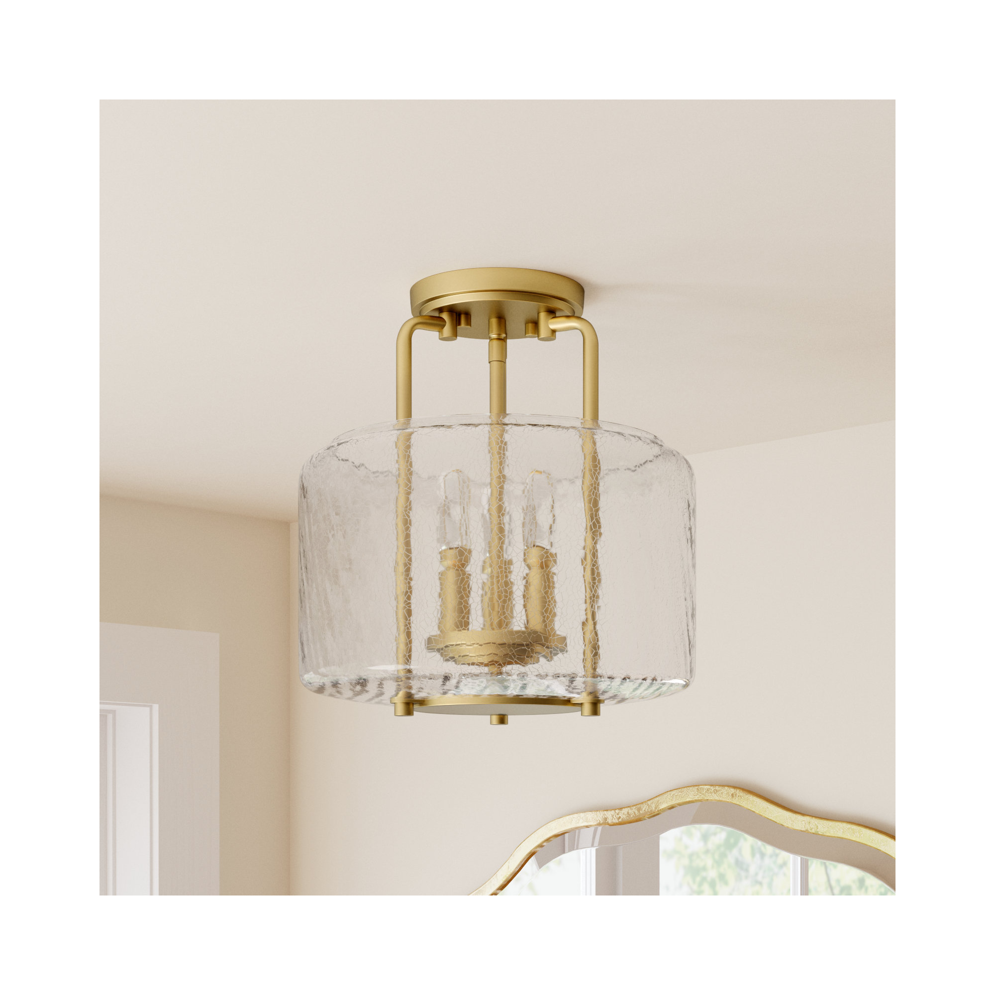 Dottie 11.38" W Crackled Glass Drum Semi Flush Mount, Warm Brass