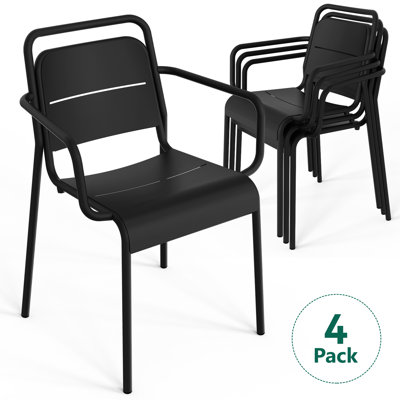 Metal Dining Chairs with Arms, Stackable Patio Porch Chairs, 300 lbs Capacity, No Assembly, 4-Pack Black Iron Seating for Deck Balcony Garden Terrace Poolside Backyard