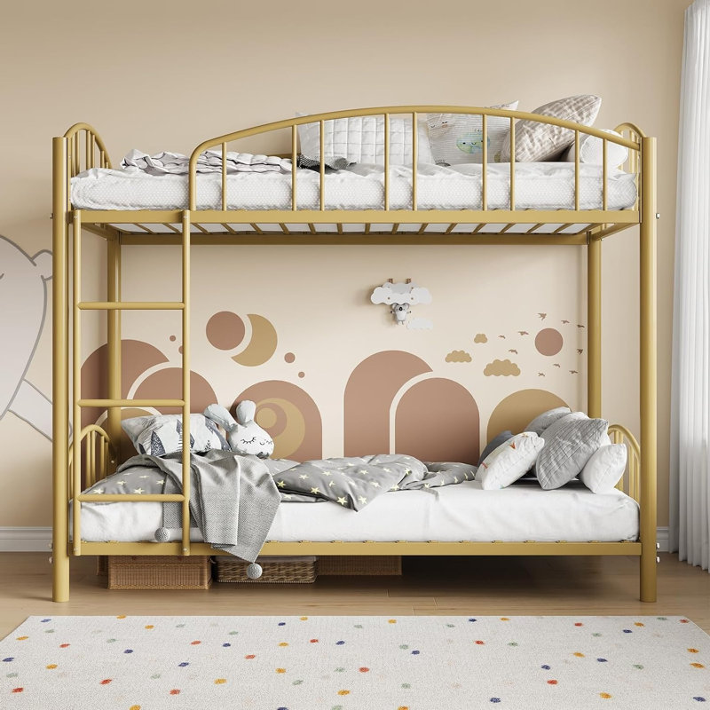 Lit superposé en métal pour deux personnes, structure robuste avec barrière de sécurité arquée et échelle de sécurité, lit en acier solide, gain de place, sans sommier, couleur or