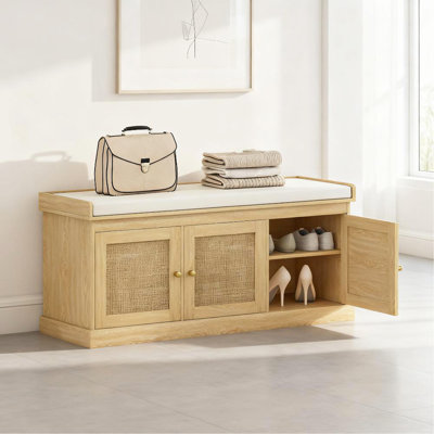 Banc de rangement pour chaussures avec portes en rotin tissé, banc pour chaussures