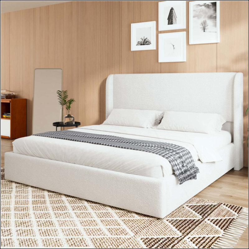 Boucle Bed Frame, Upholstered Cloud Bed Frame With Headboard, Metal Legs And Slats, No Box Spring Needed, King
