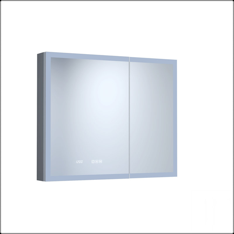 Armoire à pharmacie rectangulaire en aluminium encastrée / à fixation en surface avec miroir, DEL et horloge pour salle de bain moderne