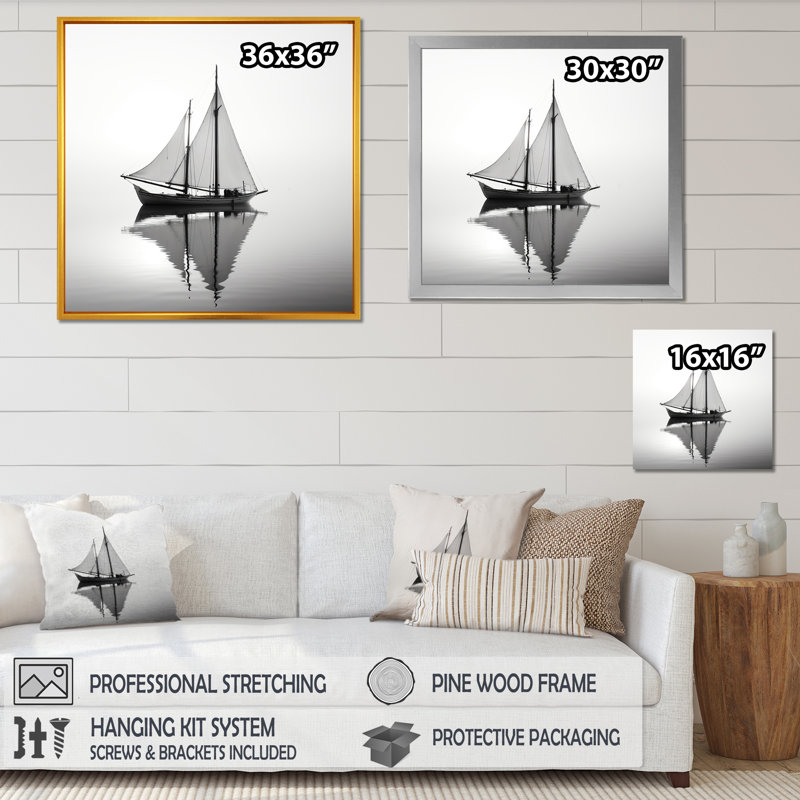 «Grey Lonely Vessel Boating III» - art mural bateau côtier, H 16 po x l 16 po x P 1 po, Cadre simple noir