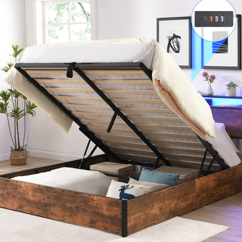 Base de lit avec rangement, style brun rustique, avec tête de lit bibliothèque et fonction d'éclairage à DEL, tête de lit - Design