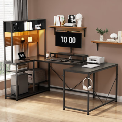 U-shaped Computer Desk With Pegboard and 4 Hooks Led Lights