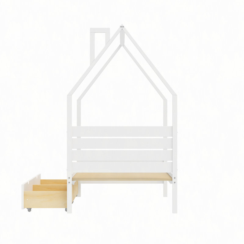 Cadre de lit Montessori avec 2 tiroirs de rangement, lit en bois en forme de maison avec tête de lit, sommier non requis, montage facile
