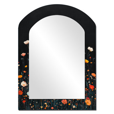 «Orange Wildflowers Mid Night Meadow» - miroir décoratif arche Wildflowers, miroir mural asymétrique traditionnel, impression d'art en métal