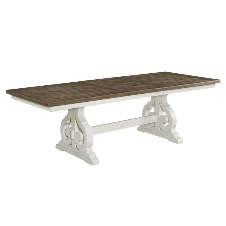Drake 76-98" Wide Trestle Table, Rustic White & French Oak