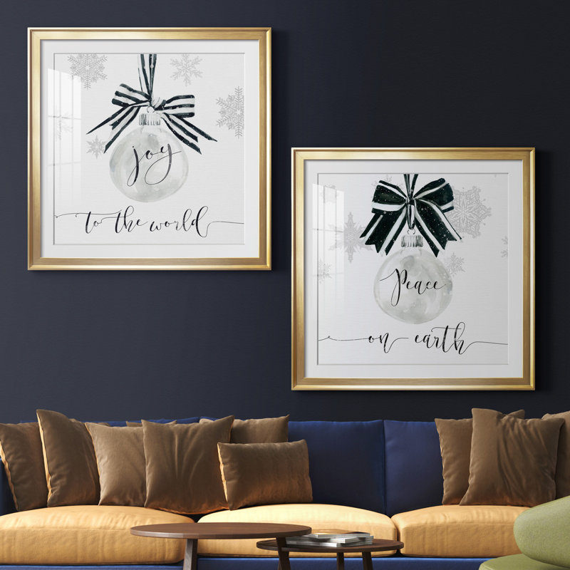 Joy Joy Ornament - ensemble de 2 reproductions d'art textuel, H 34,5 po x l 69 po x P 1,5 po, Papier encadré doré, Blanc
