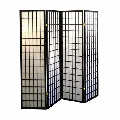 70" Tall 4-Panel Japanese Style Room Divider with Black Wood Frame and Paper Panels