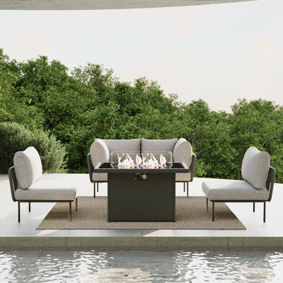 Ebern Designs 5 Pieces Aluminum Patio Furniture Set, Modern Modular Sectional Sofa with Fire Pit Table and Upgrade Thickness Cushion