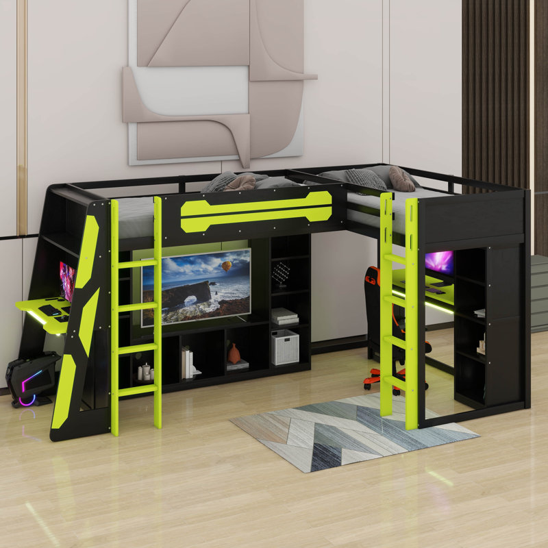 Twin Size Gaming Bed With RGB LED Lights And USB Ports, Green