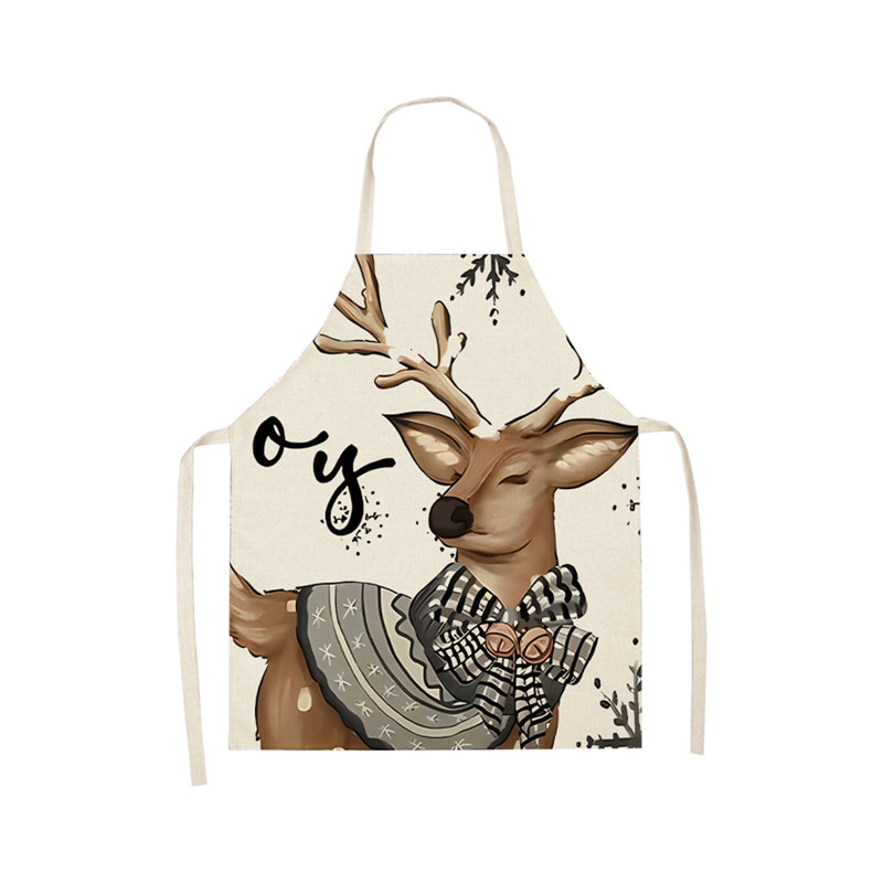 Christmas Themed Polyester Apron, Santa Snowman Reindeer Print For Holiday Kitchen Party, 18.5x15in Beige, B