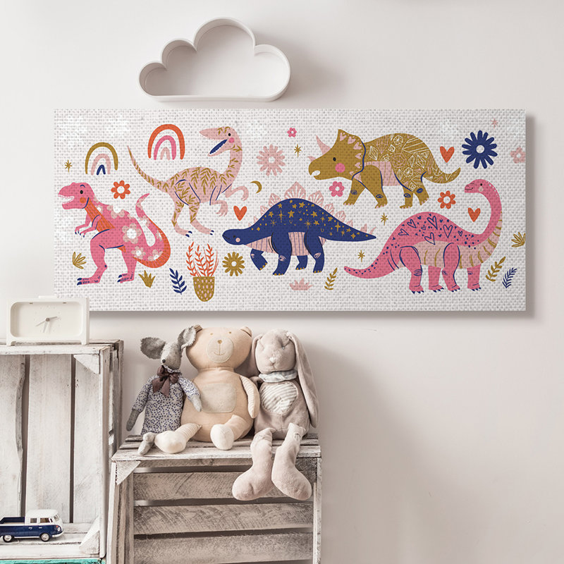 Joyeux dinosaures fantaisistes avec des fleurs arc-en-ciel, Toile tendue, H 20 po x l 48 po x P 1,5 po
