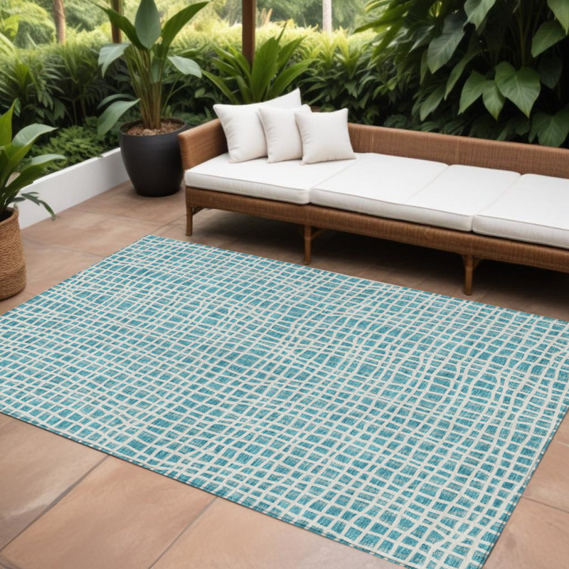 Tapis intérieur / extérieur rayé bleu sarcelle et ivoire 8 'X 10'